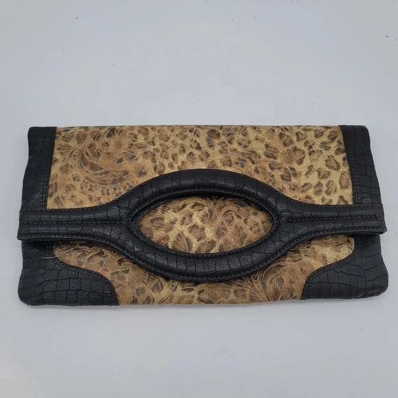 VTG Donald J Pliner Tan Canvas/ Black Leather Convertable Clutch Bag Handbag - Picture 1 of 12